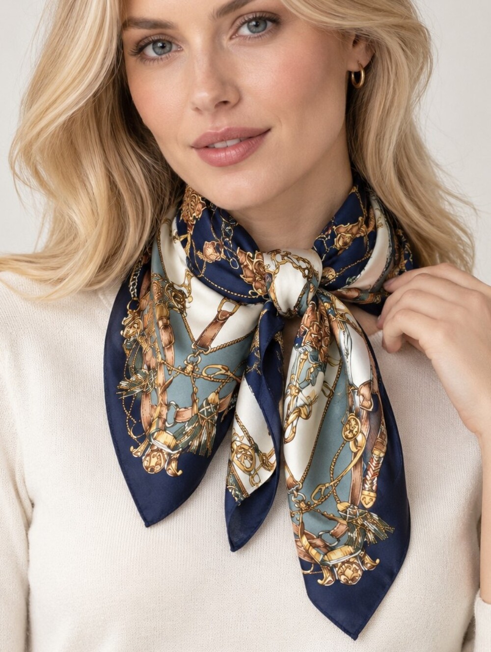 NWOT Equestrian Navy Blue Print Satin Square Scarf 70cm